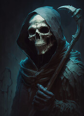 a painting of a skeleton with a scythe, portrait of grim reaper, dark fantasy  - obrazy, fototapety, plakaty