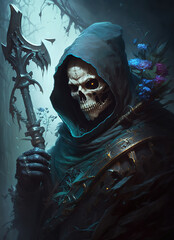 a painting of a skeleton with a scythe, portrait of grim reaper, dark fantasy 
