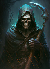 a painting of a skeleton with a scythe, portrait of grim reaper, dark fantasy  - obrazy, fototapety, plakaty