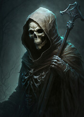 Fototapeta na wymiar a painting of a skeleton with a scythe, portrait of grim reaper, dark fantasy 