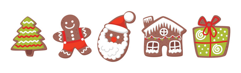 Gingerbread Cookie Figures with Sugar Glaze Vector Set