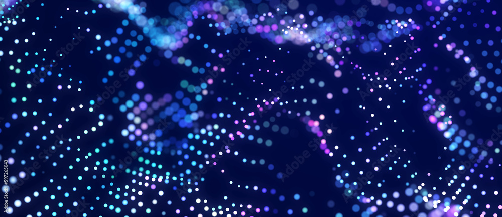 Poster Abstract blue background of points. Wave of particles. Falling cyber particles. Big data stream. 3d rendering