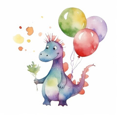 Cute watercolor Birthday Dino. Illustration AI Generative.