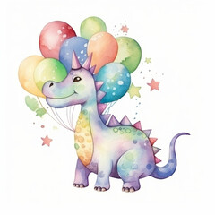 Naklejka premium Cute watercolor Birthday Dino. Illustration AI Generative.