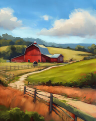 quaint countryside scene with a red barn, rolling hills, and a clear blue sky. Oil painting style ai - obrazy, fototapety, plakaty