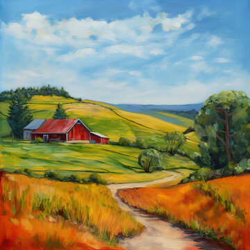 quaint countryside scene with a red barn, rolling hills, and a clear blue sky. Oil painting style ai