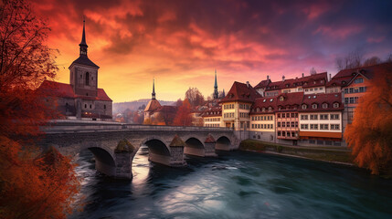 Incredible vivid cityscape. Scenic view Historical Old Town of Bern city with colorful sky, view on bridge over Aare river and church tower during dramatic sunset. Bern. Switzerland. Generative ai