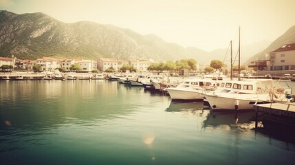 Fototapeta premium Harbor and boats at sunny day. Illustration AI Generative.