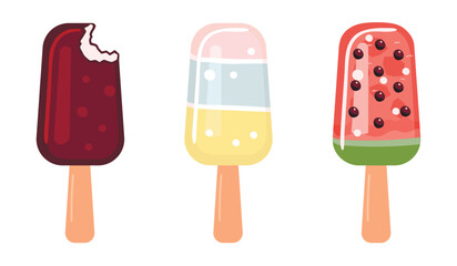 Set of ice cream bar in flat style.Colorful summer frozen desserts bottom border on a white background.Watermelon fresh, creamy assorted and chocolate glaze.Vector cartoon illustration.