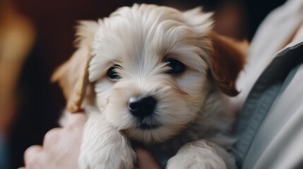 Cute little puppy on hands. Illustration AI Generative.