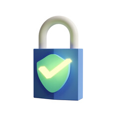 3D Rendered Padlock Icon with Shield and Glowing Check Mark for Security or Protection Theme