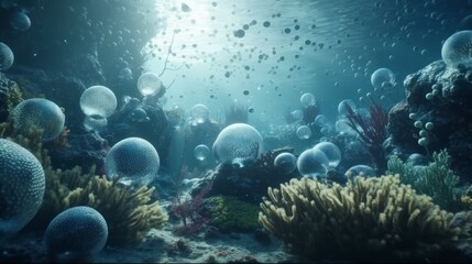 Obraz na płótnie Canvas Discover the Stunning Bluetoned Coral Garden in Ultra HD with Super Details and Ultra-Wide Angle Rendering - A Captivating Underwater Life Experience, Generative AI