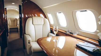 Obraz premium Interior of luxurious private jet with leather seats Illustration AI Generative.