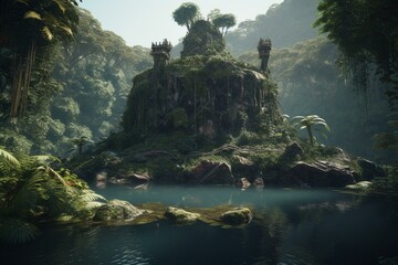 3D rendering of a mystical island in a jungle pond surrounded by rainforest. Generative AI