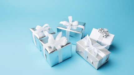 Blue background with silver gift boxes. Illustration AI Generative.