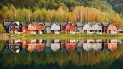 Fototapeta na wymiar Row of colorful wooden houses. Illustration AI Generative.