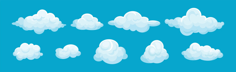 White Soft Fluffy Clouds on Blue Background Vector Set