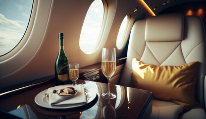 Interior of luxurious private jet with leather seats Illustration AI Generative.