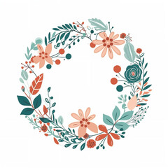 Little simple cute flat floral circle frame on flat white background