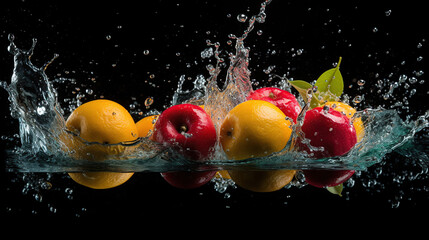 fresh multi fruits splashing into blue clear water splash healthy food diet freshness concept isolated on black background, generative ai