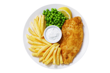 plate of fish and chips with french fries isolated on transparent background, top view