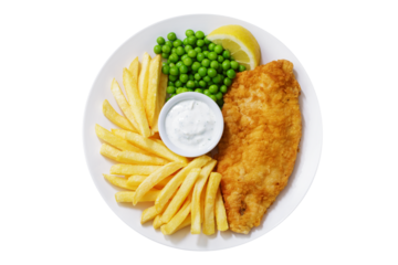 plate of fish and chips with french fries isolated on transparent background, top view