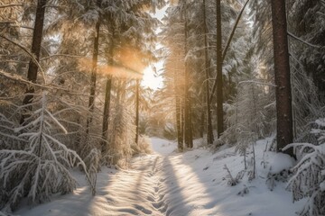 Golden light on snowy path amidst trees. Generative AI