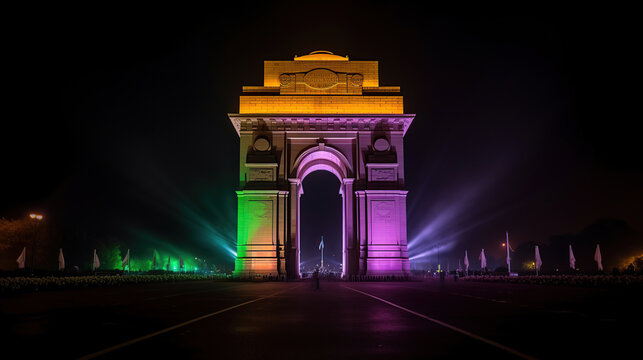 Beautiful India gate at night with multicolored lights. This landmark is one of the main attractions of Delhi and a popular tourist destination. generative ai