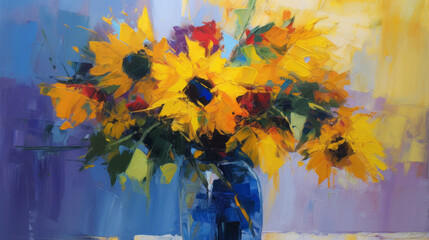 Impressionist painting sunflowers bouquet. Illustration AI Generative