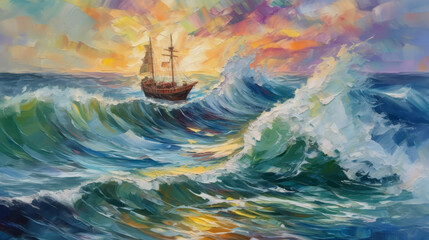 Fototapeta na wymiar Impressionist painting,sea, ship, storm, big wave Illustration AI Generative.