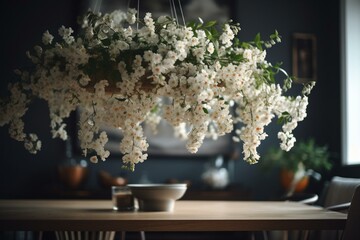 Hanging white blooms on home table. Generative AI