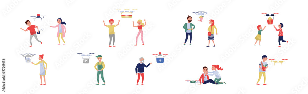 Aufkleber drone service and delivery with people characters using modern smart technology vector set