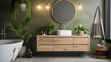 Interior of modern, white bathroom with houseplants, chest of drawers and mirror, generative ai