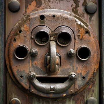 A mysterious face looms over an old lock, creating a dramatic and captivating optical illusion for any image. Generative AI