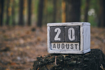 August 20 summer month, wooden calendar with date and month in forest.