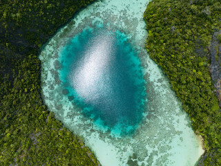 A shallow blue hole is found within the dramatic limestone islands that rise from Raja Ampat's seascape. This remote part of Indonesia is known for its incredible marine biodiversity.