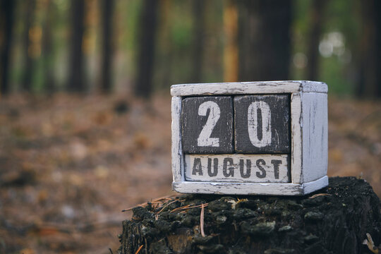 August 20 summer month, wooden calendar with date and month in forest.
