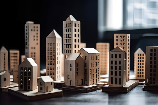 Model wooden houses. Concept REIT. Generation AI