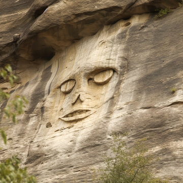 Nature's optical illusion with a face-like shape appearing on an rock wall or cliff. Naturalize the environment and evoke emotion through visuals. Generative AI