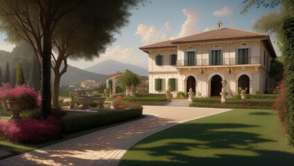 Fototapeta na wymiar Vintage old italian villa with lawn and garden in sunny day. Soft light. Generative AI