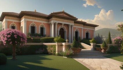 Obraz premium Vintage old italian villa with lawn and garden in sunny day. Soft light. Generative AI