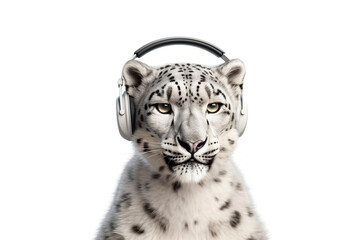 Obraz premium Close up portrait of a beautiful snow leopard in a in wireless headphones isolated on white background. The leopard is listening to music.