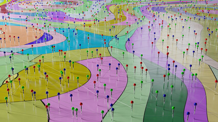 3d render of wire wrapped pins placed on a colorful surface.  Image is raytraced model.