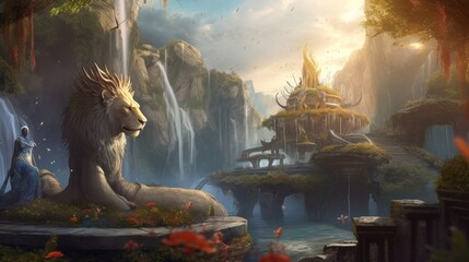 Fantasy world inspired by mythology, complete with magical creatures and ancient ruins