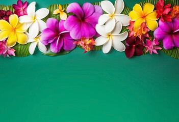 Large tropical flowers on green background with copy space. Generative AI