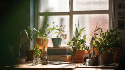 Desk of free space with green plant and window of spring time, generative ai