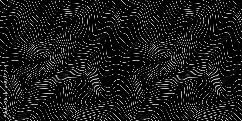 Poster Vector Weather Map Background. Abstract Seamless Pattern with Contour Lines Isolated on Black Bg. Geometric Linear Topographic Texture