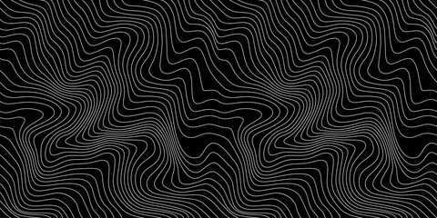 Vector Weather Map Background. Abstract Seamless Pattern with Contour Lines Isolated on Black Bg. Geometric Linear Topographic Texture - obrazy, fototapety, plakaty