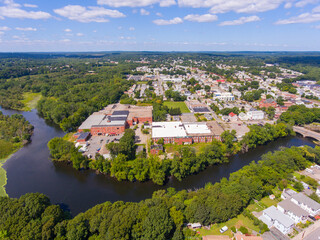 Cumberland historic town center aerial view on Broad Street with Blackstone River in town center of...