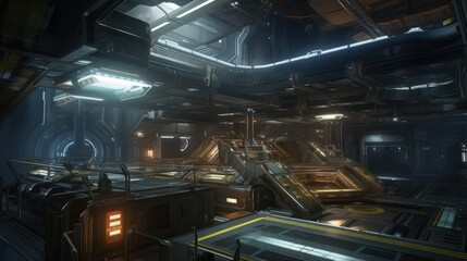 Create a sci-fi space station with sleek technology and high-tech weaponry